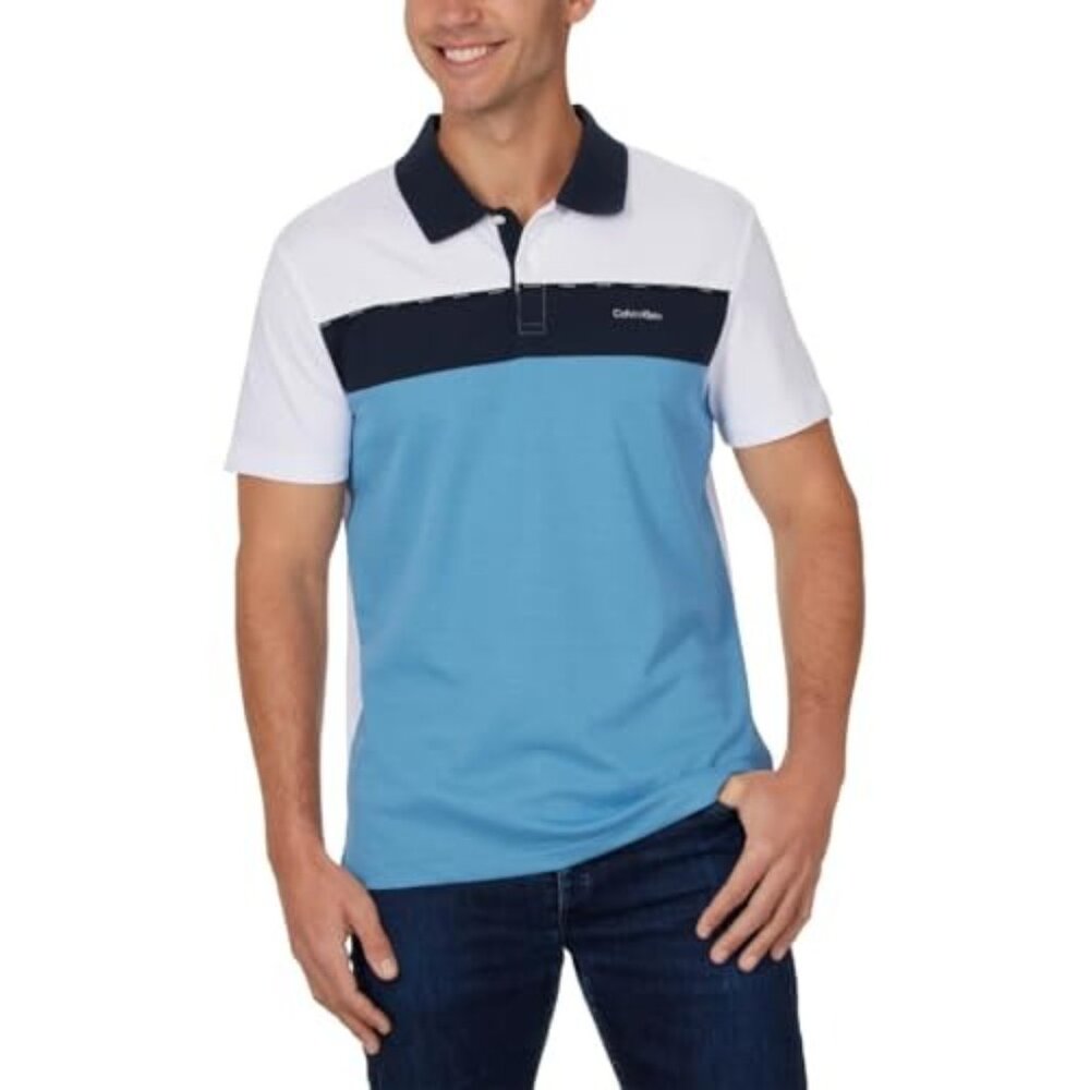 NWT Calvin Klein Mens Polo Shirt XL White & Blue Quick Dry Moisture-Wicking - Picture 10 of 12
